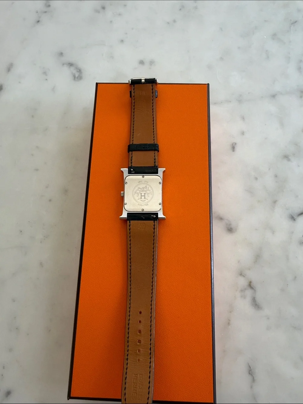 Hermes Black Leather Strap Men's Dress Watch with Silver Square Case